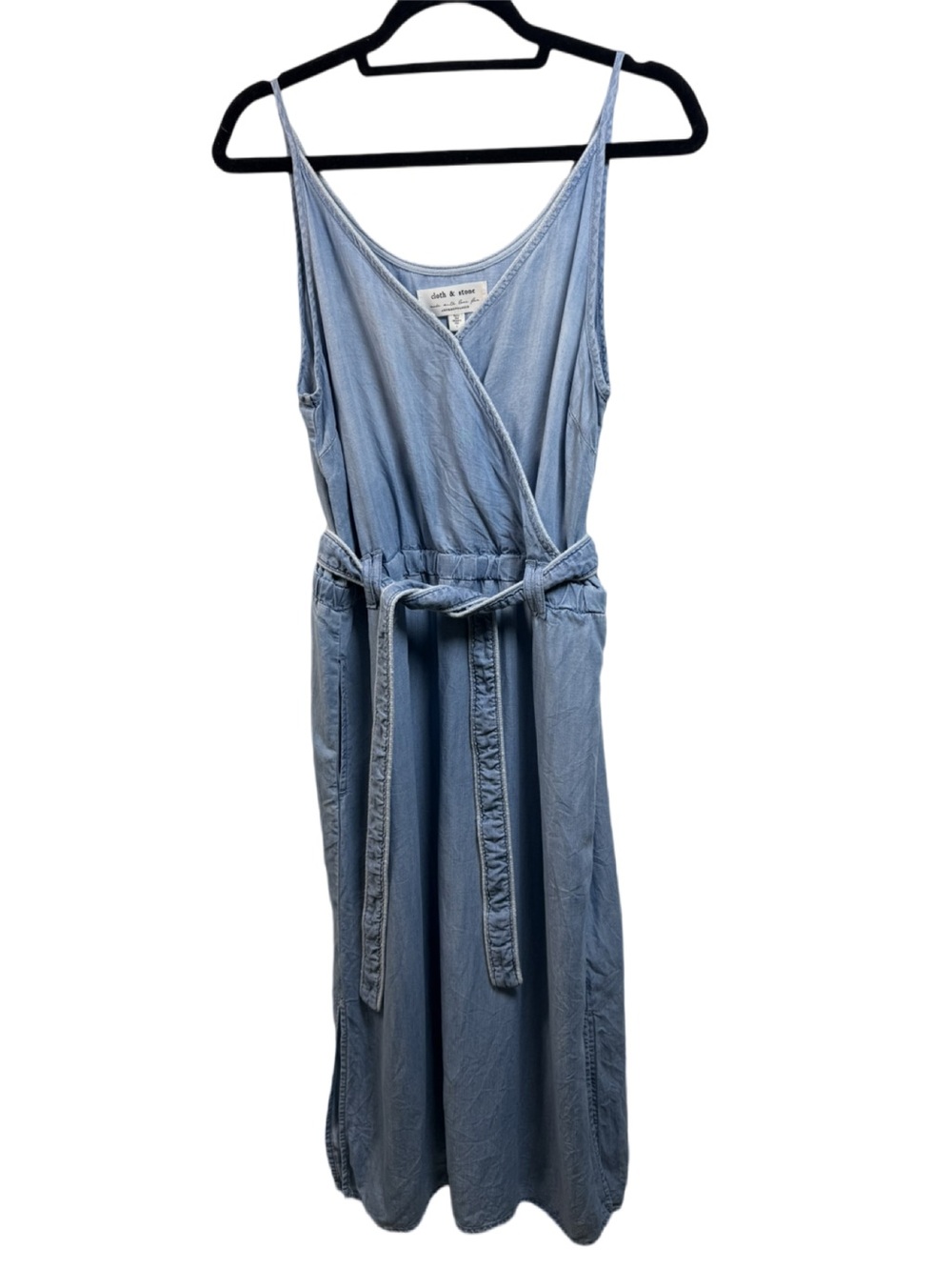 Anthropologie Light Blue denim Sleeveless Wrap-Style Midi Dress with Tie Belt